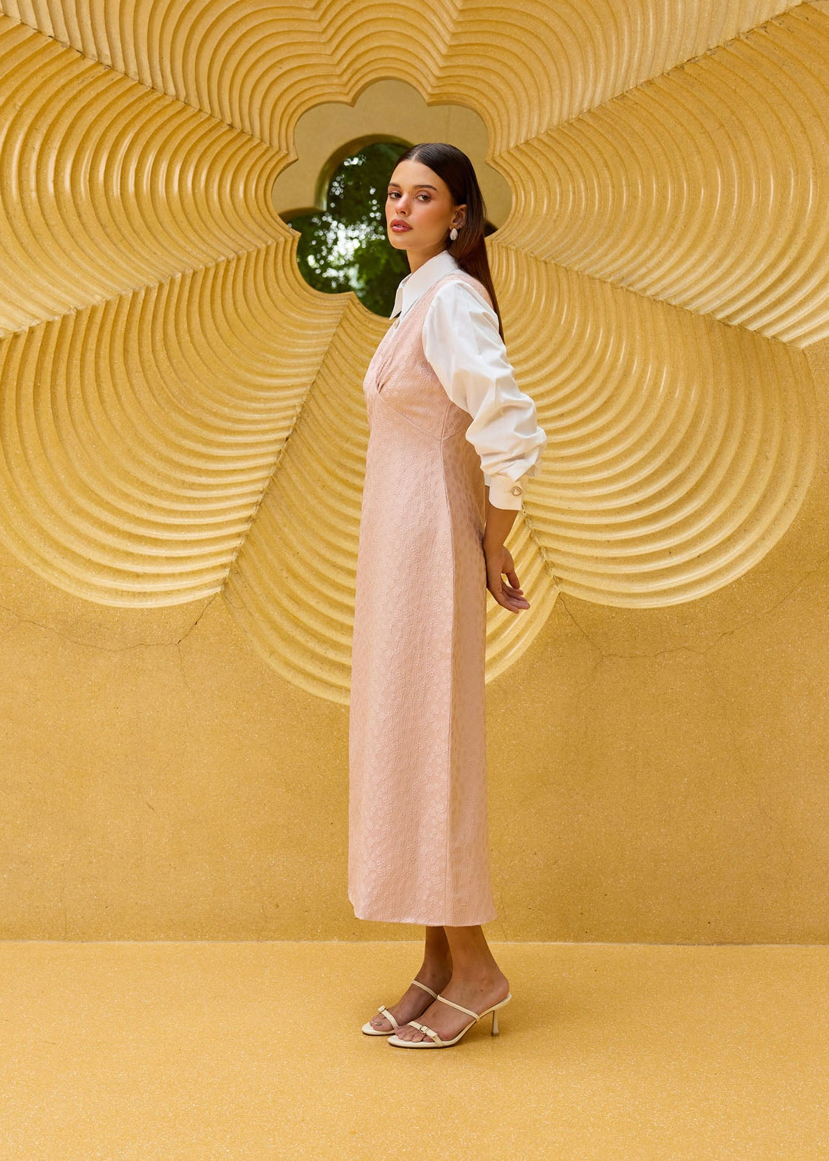 Blush Pink Jacquard V-Neck Midi Dress with Attached White Shirt Bodice