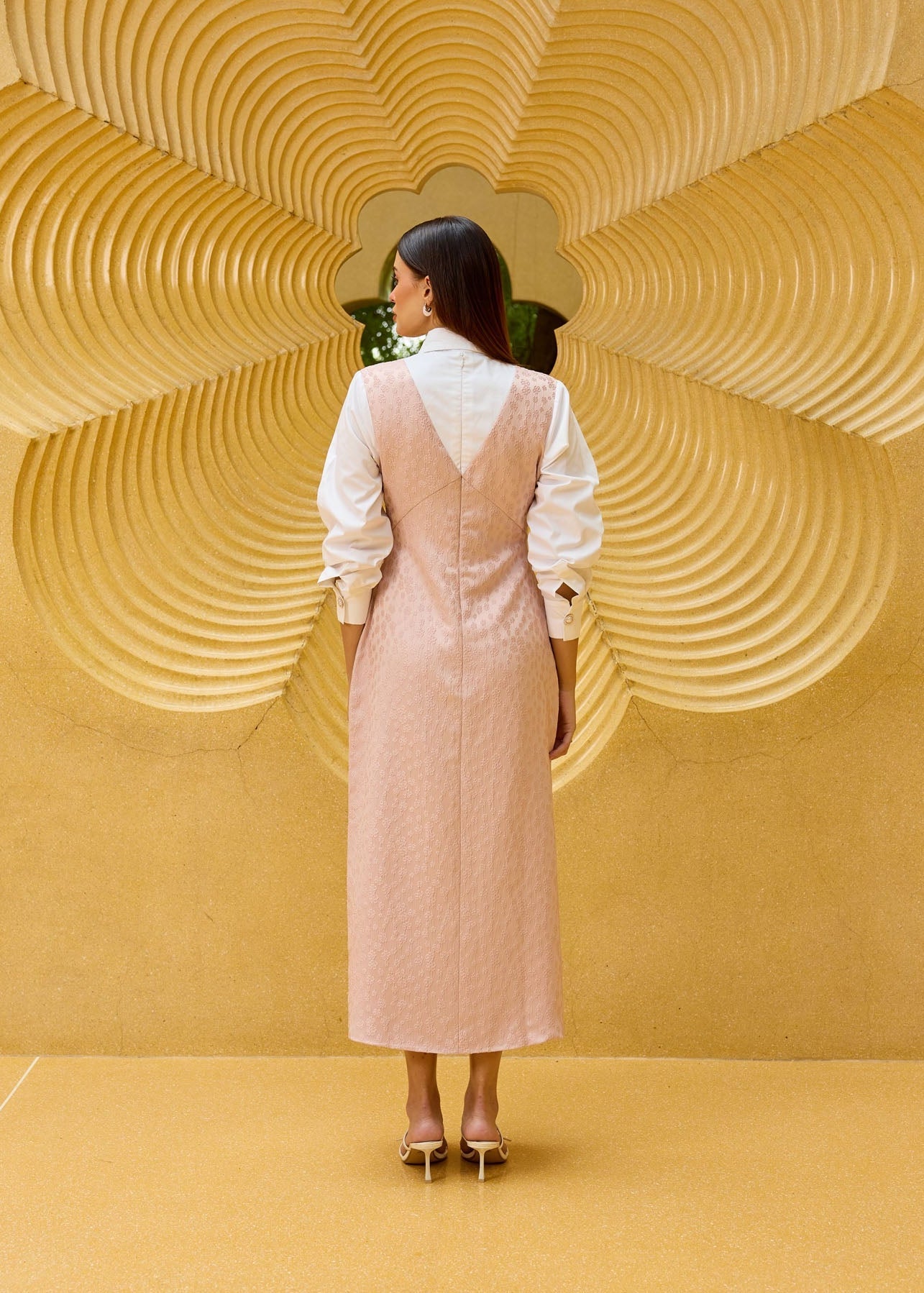 Blush Pink Jacquard V-Neck Midi Dress with Attached White Shirt Bodice