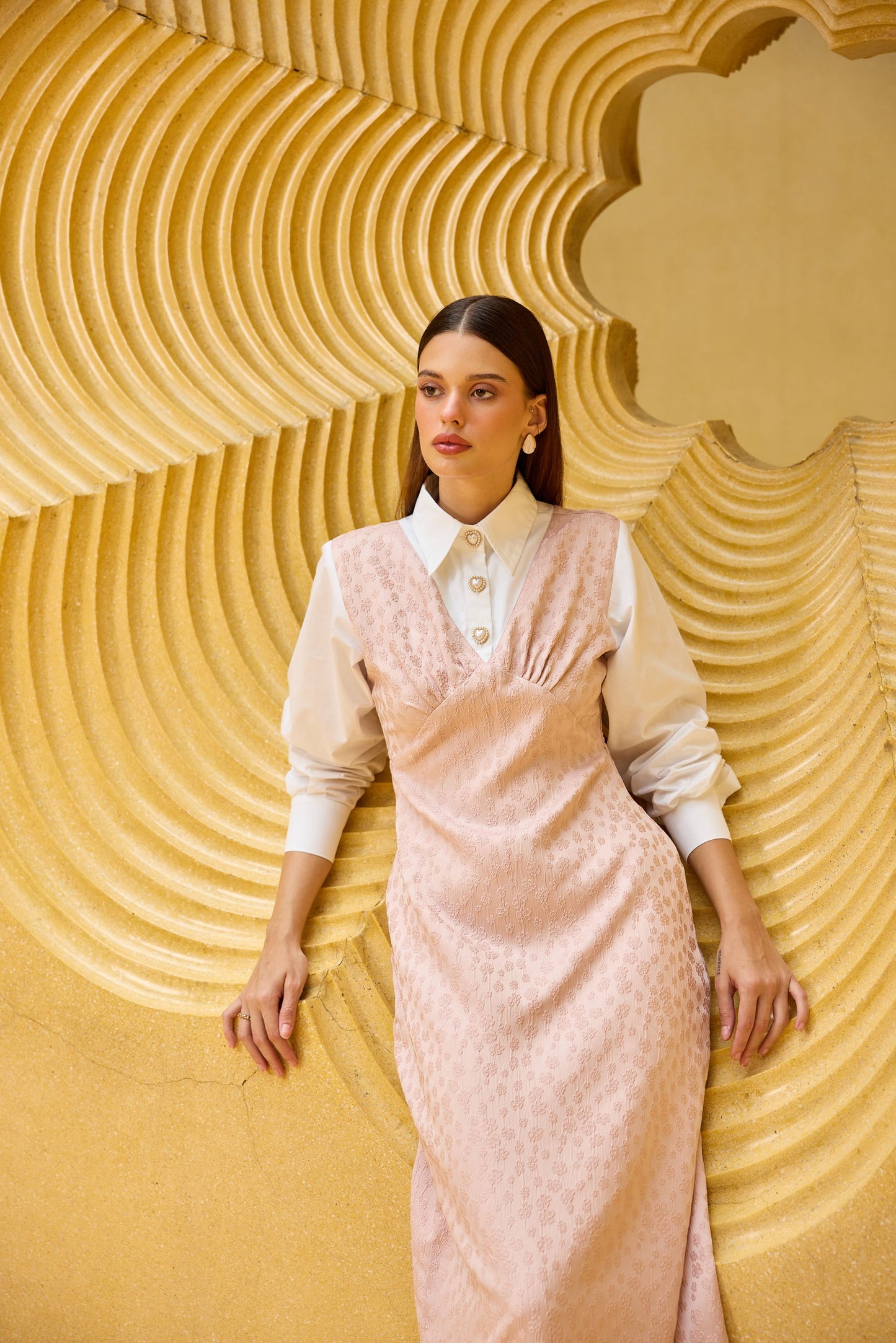 Blush Pink Jacquard V-Neck Midi Dress with Attached White Shirt Bodice
