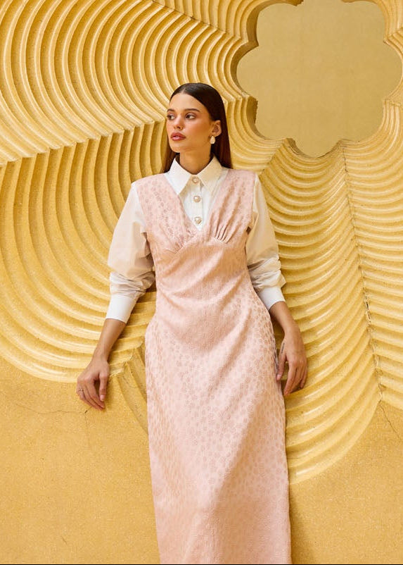 Blush Pink Jacquard V-Neck Midi Dress with Attached White Shirt Bodice