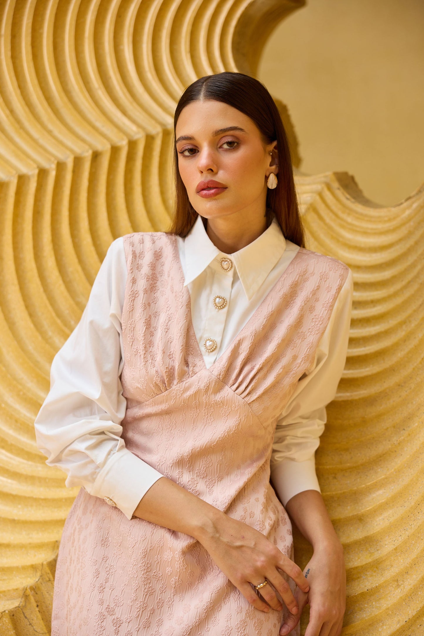 Blush Pink Jacquard V-Neck Midi Dress with Attached White Shirt Bodice