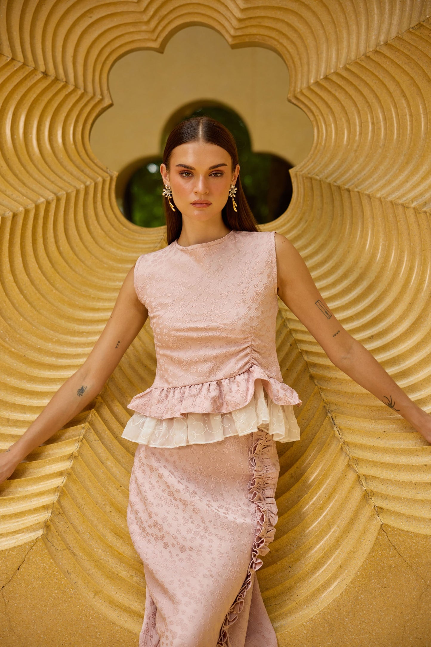 Blush Pink Jacquard Peplum Set