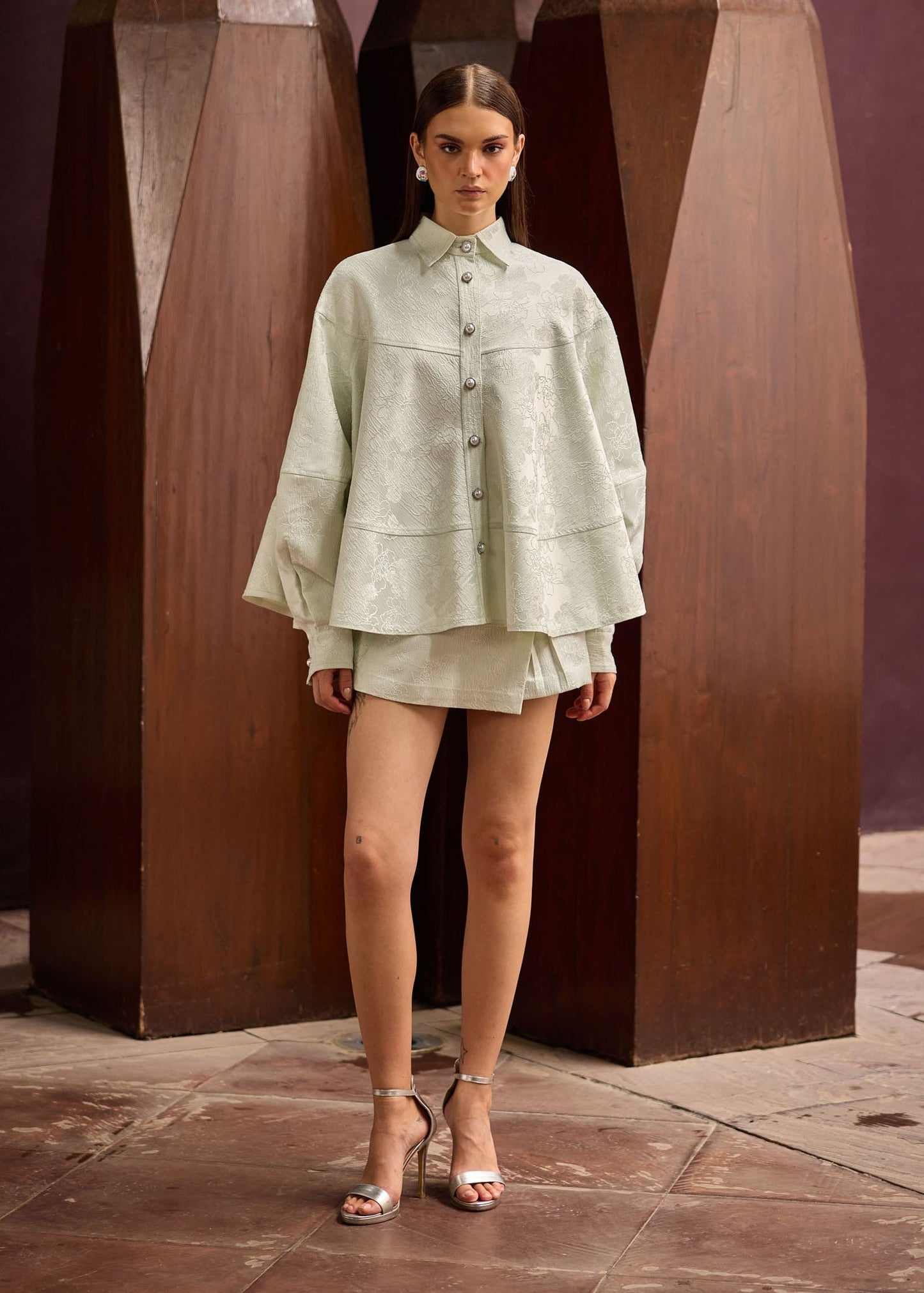 Pastel Green Jacquard Oversized Shirt with Matching Skort