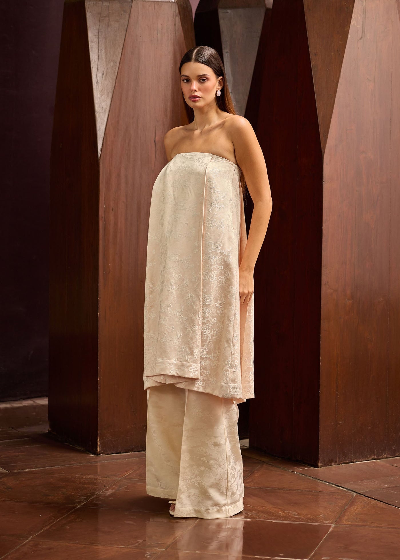 Peach Jacquard Strapless Tunic with Ivory Wide-Leg Pants Set