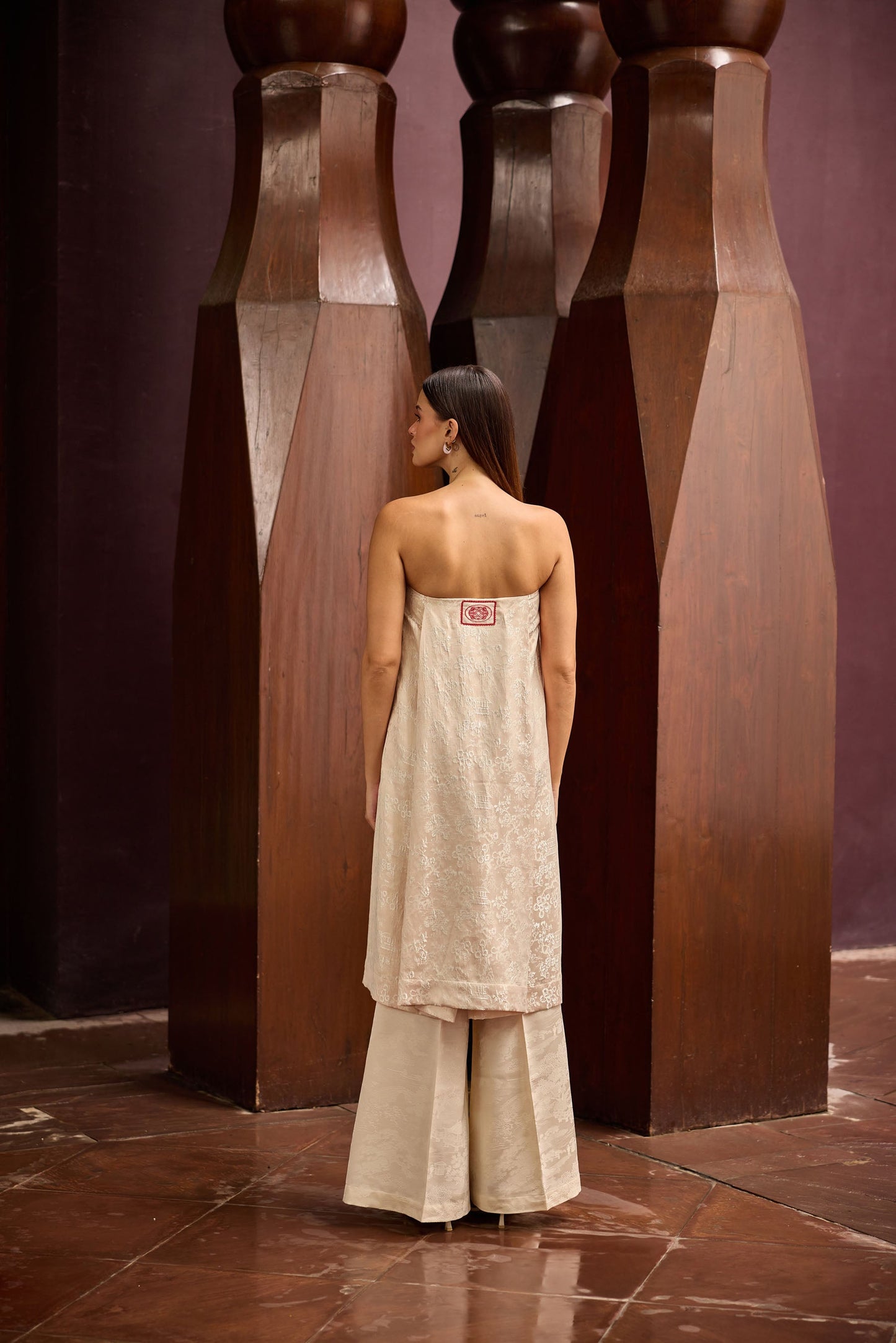 Peach Jacquard Strapless Tunic with Ivory Wide-Leg Pants Set