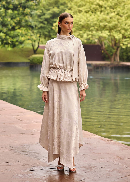 Ivory Jacquard Peplum Top & Asymmetrical Midi Skirt Co-ord Set