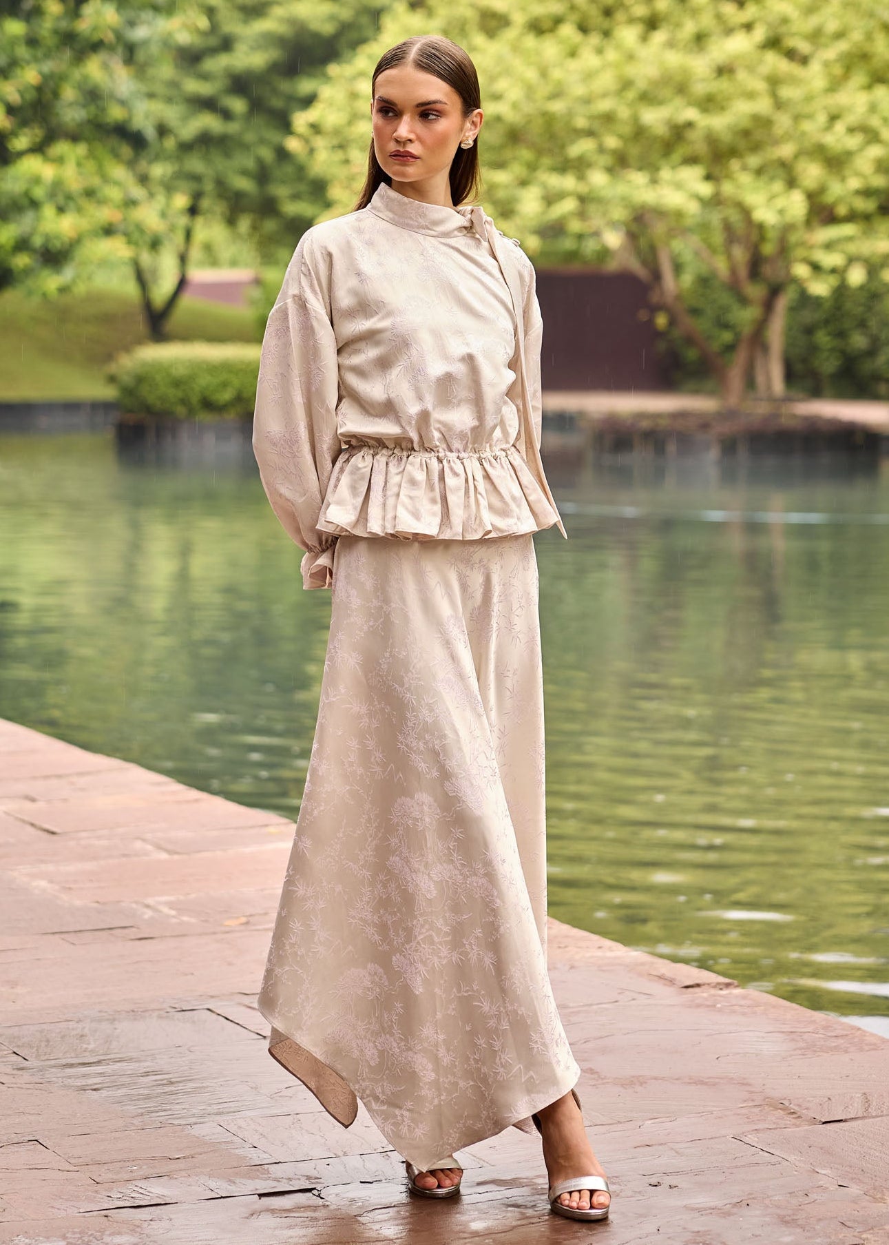 Ivory Jacquard Peplum Top & Asymmetrical Midi Skirt Co-ord Set