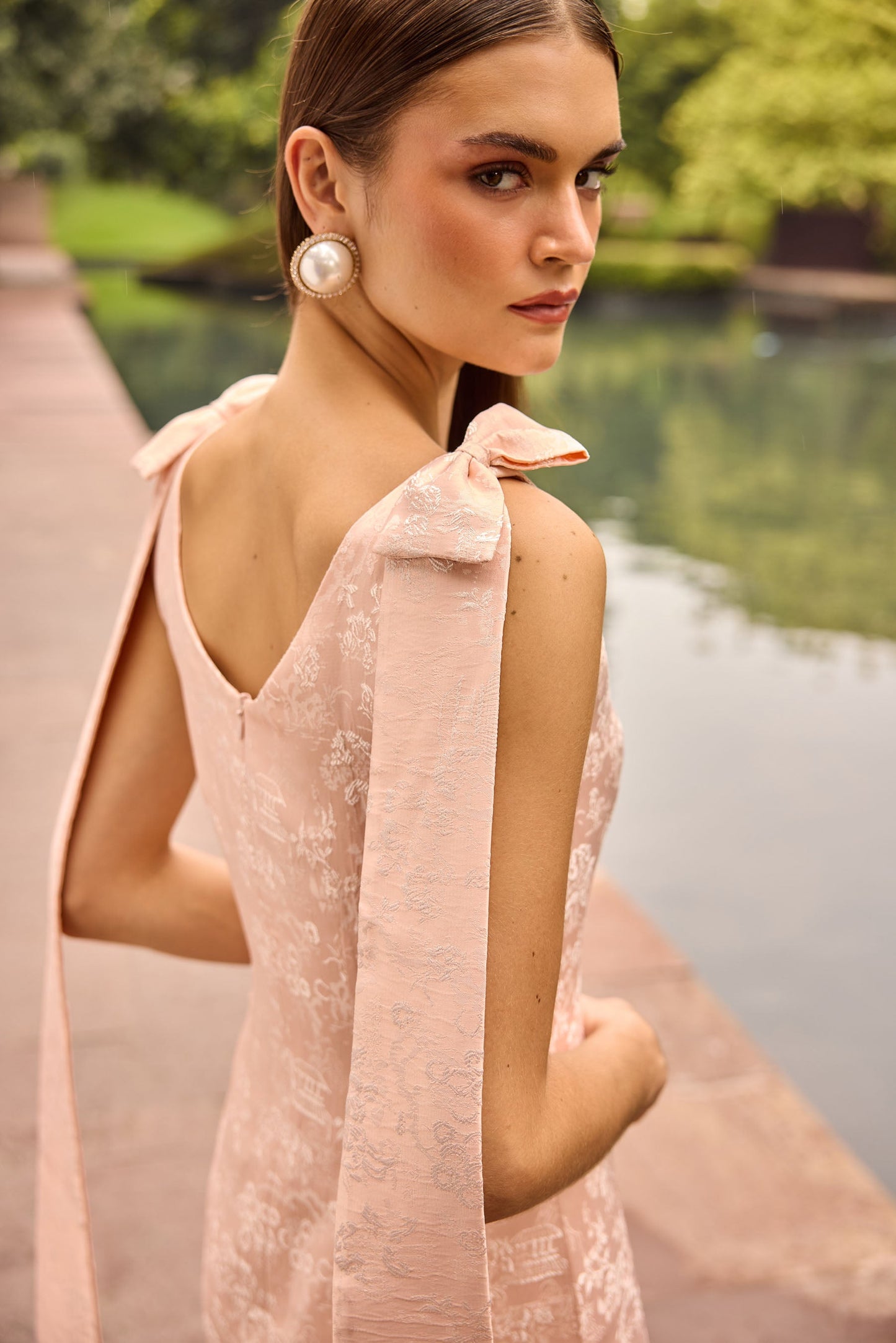 Blush Pink Jacquard Bow Strap Mini Dress