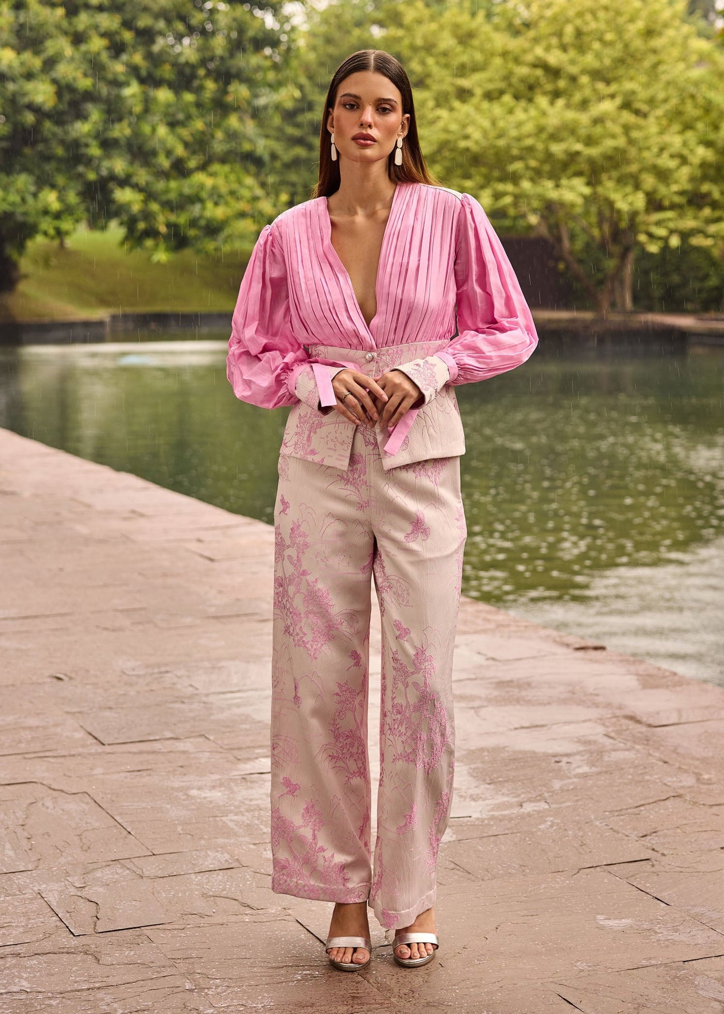 Blush Pink Jacquard Plunge Co-ord Set