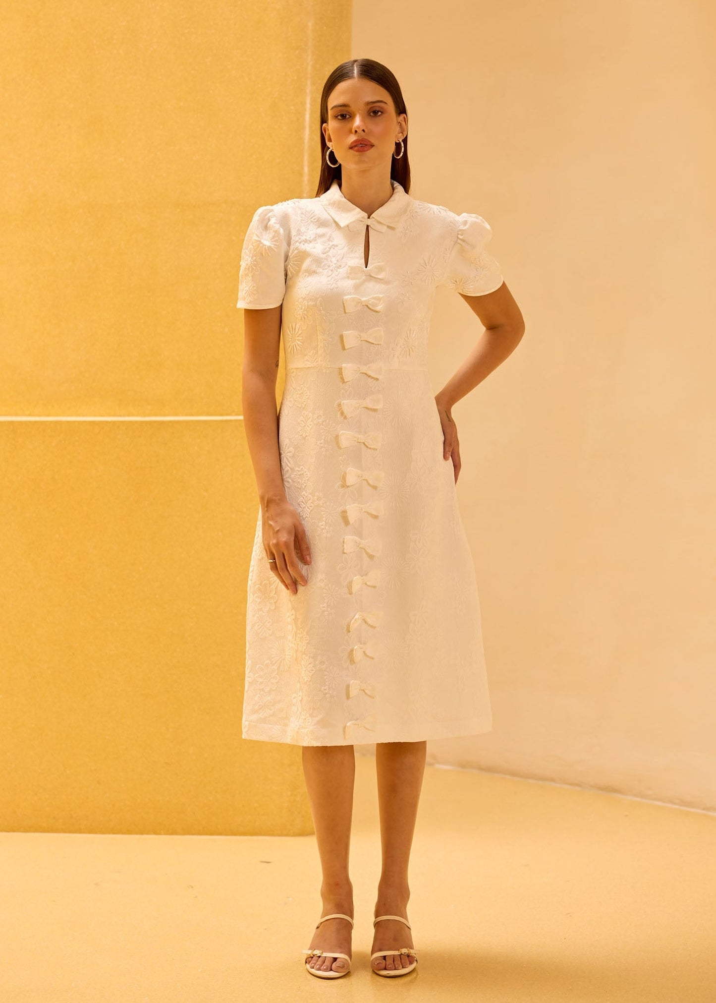White Jacquard Hand-Embellished Midi Dress