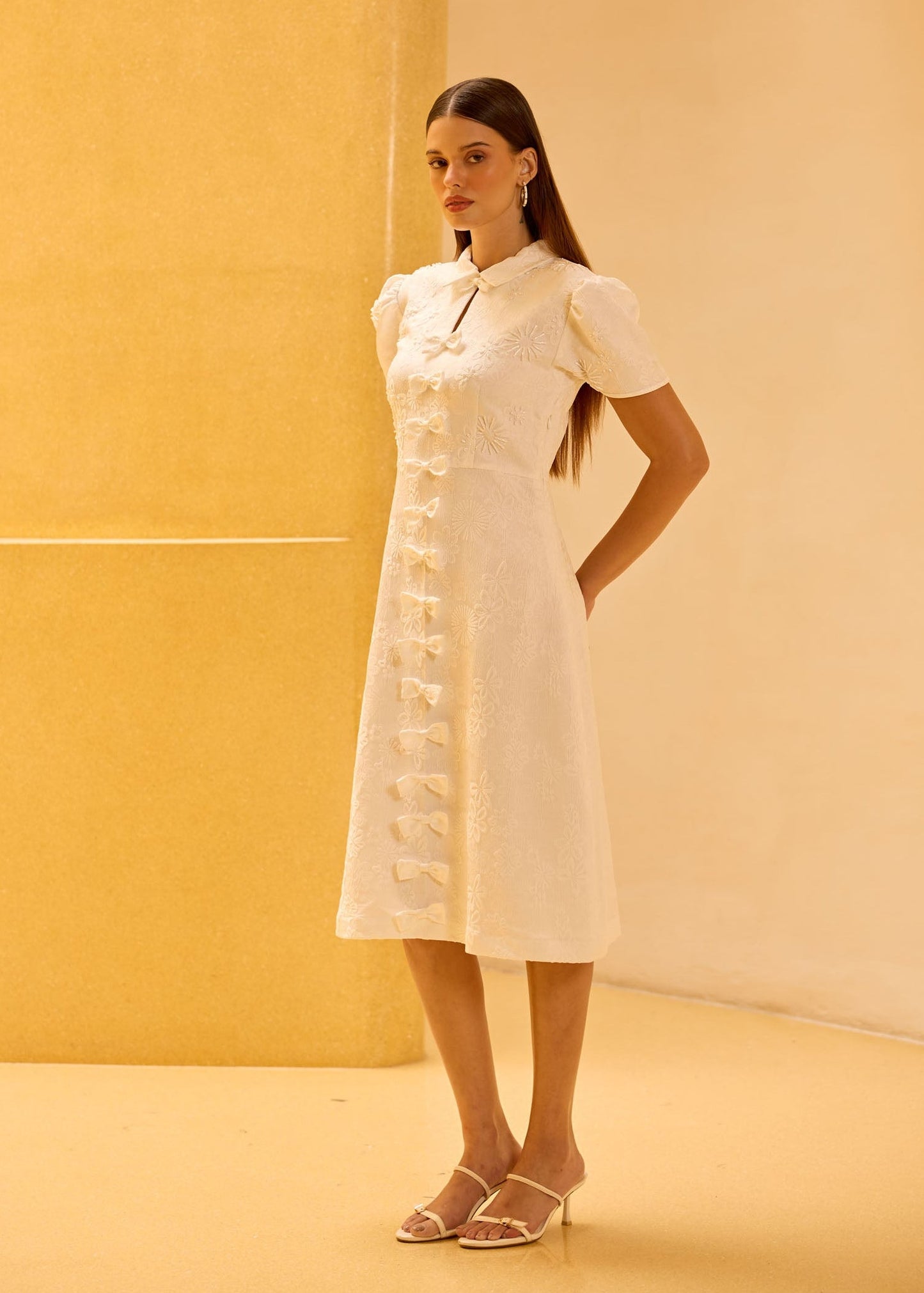 White Jacquard Hand-Embellished Midi Dress