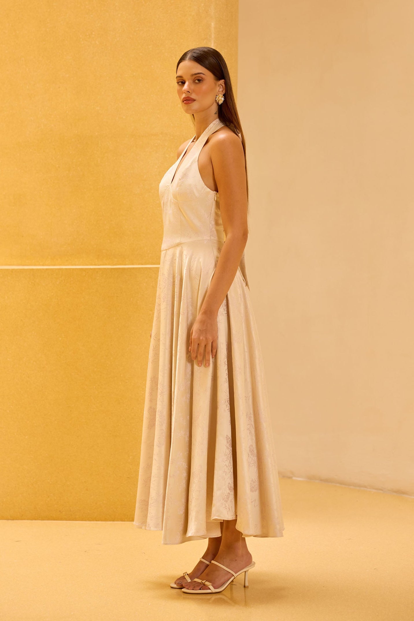 Ivory Jacquard Halter Midi Dress