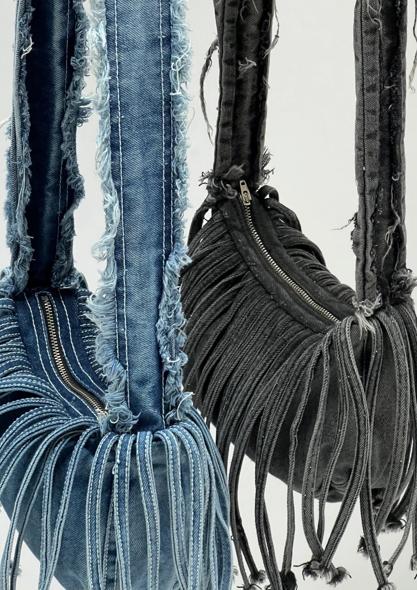FRINGE DENIM SLING BAG IN ASH GREY