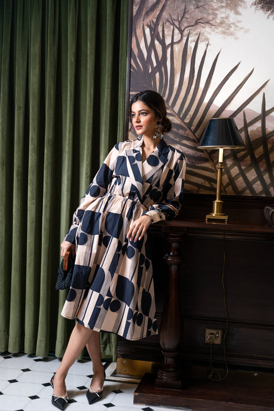 Black Offwhite Geometric Printed Dress