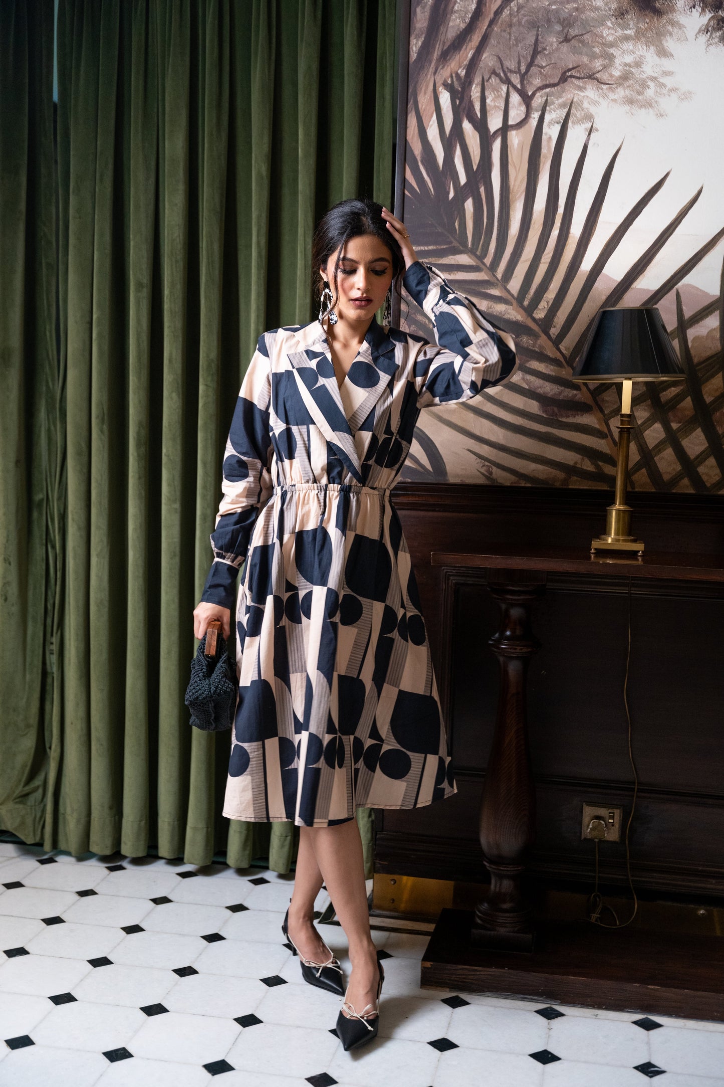 Black Offwhite Geometric Printed Dress