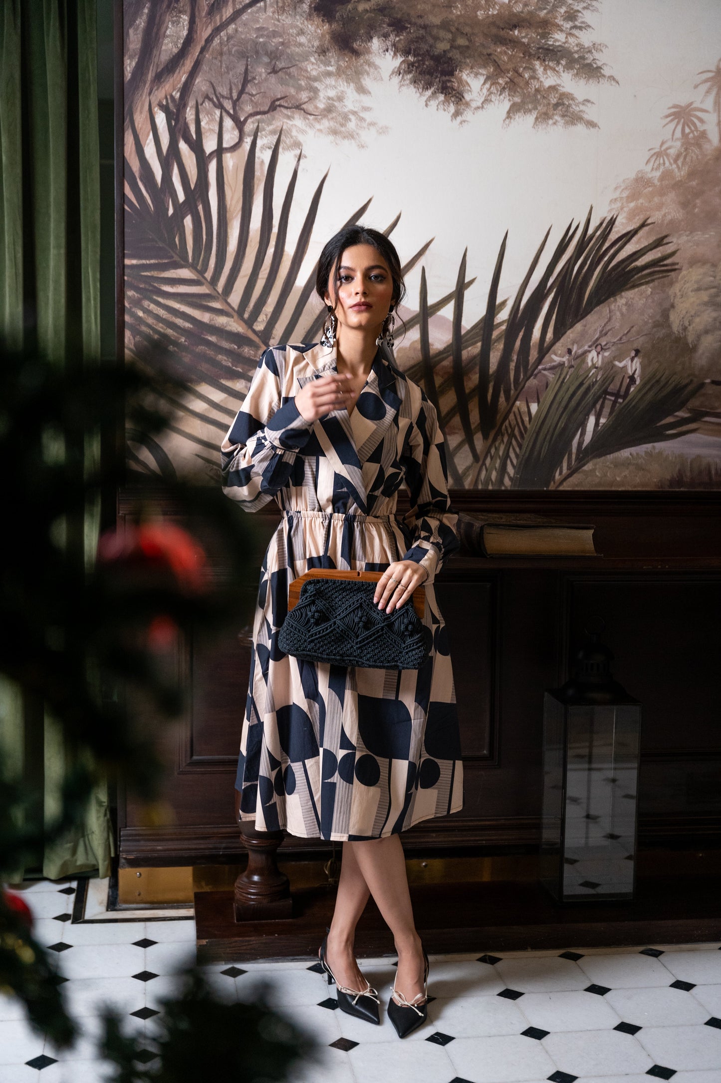 Black Offwhite Geometric Printed Dress