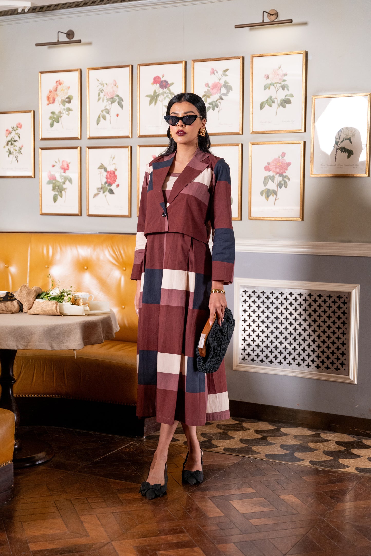Maroon Offwhite Geometric Printed short Jacket and Sleeveless Dress (Set of 2)