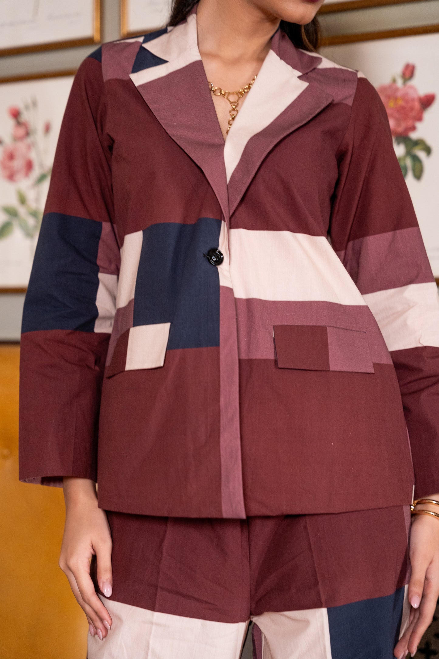 Maroon Offwhite Geometric Printed Jacket and Trouser(Set of 2)