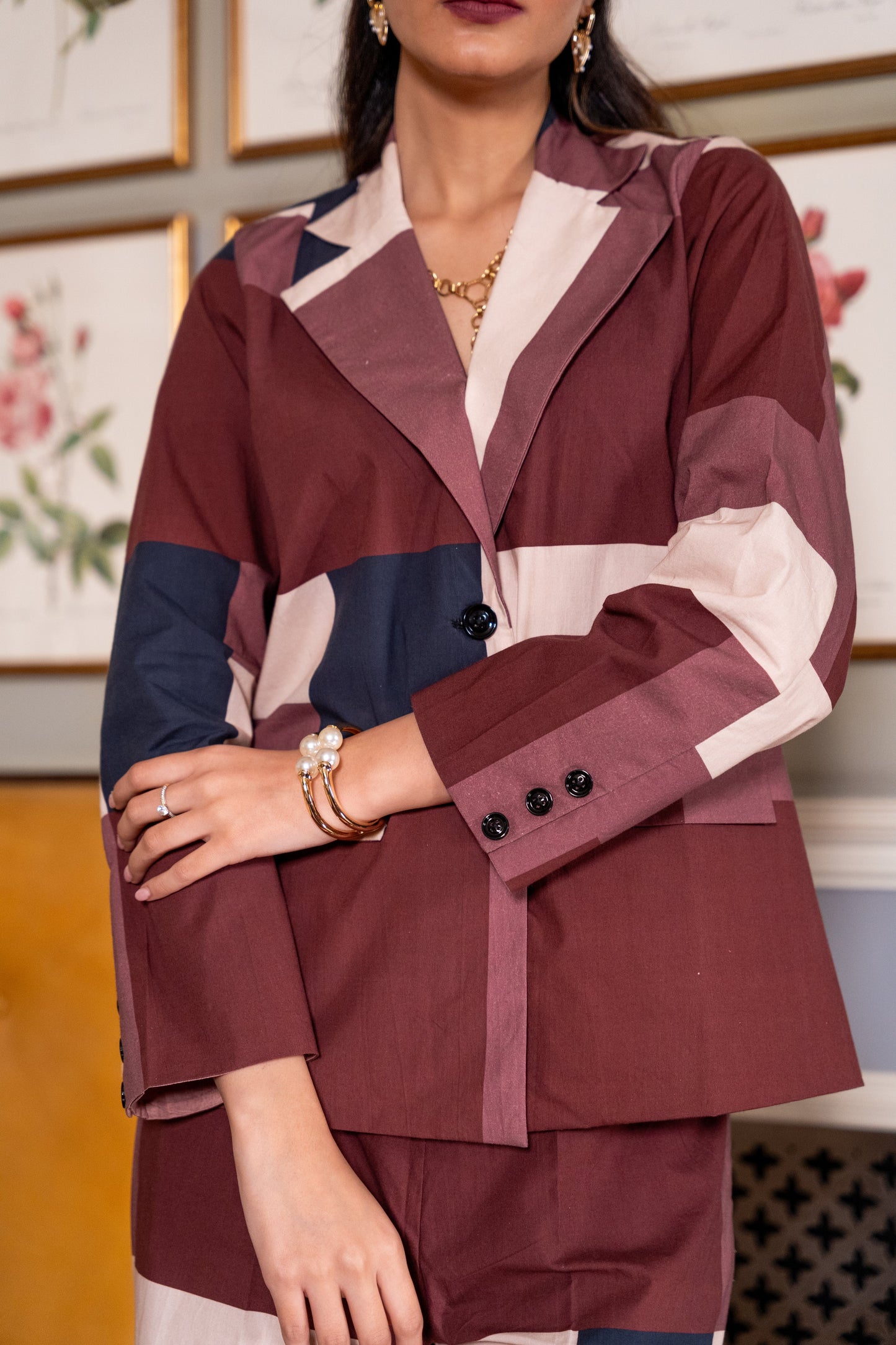 Maroon Offwhite Geometric Printed Jacket and Trouser(Set of 2)