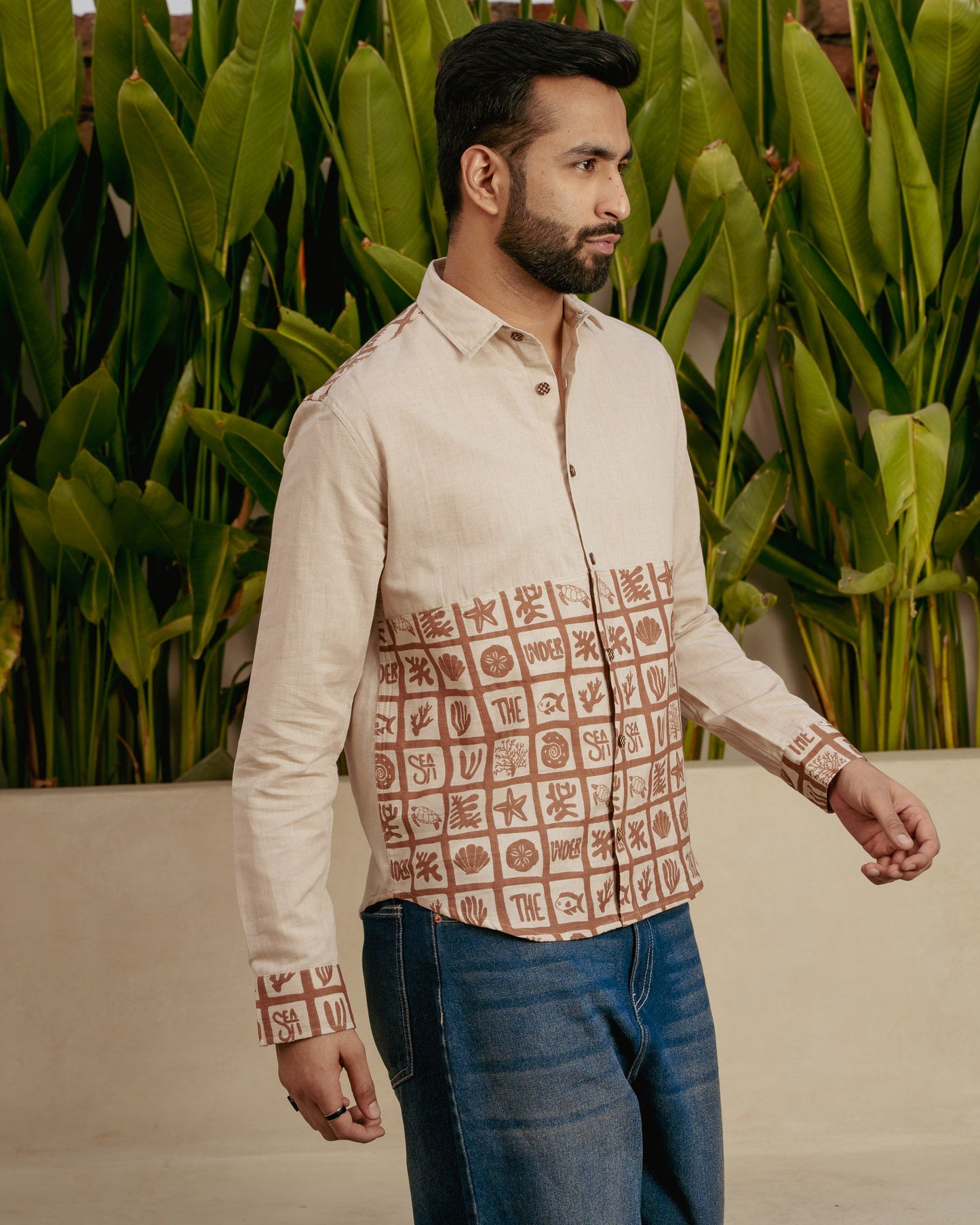 Aqua Block Terracotta Lower Patch Full Sleeves Linen Shirt