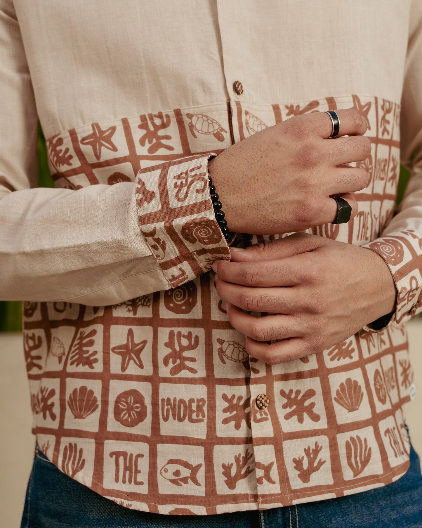 Aqua Block Terracotta Lower Patch Full Sleeves Linen Shirt