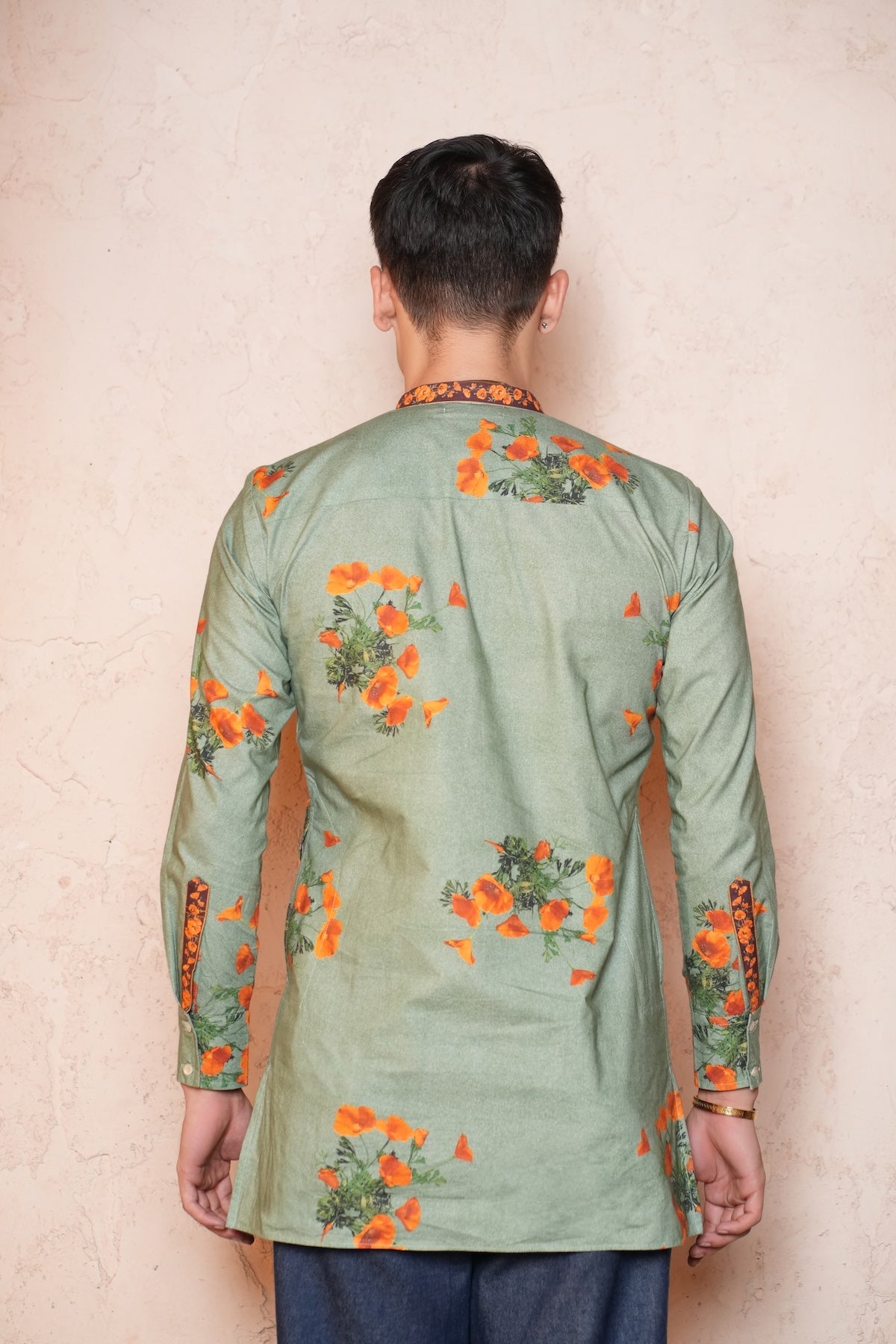 Cotton Green Floral Printed Men Short Kurta