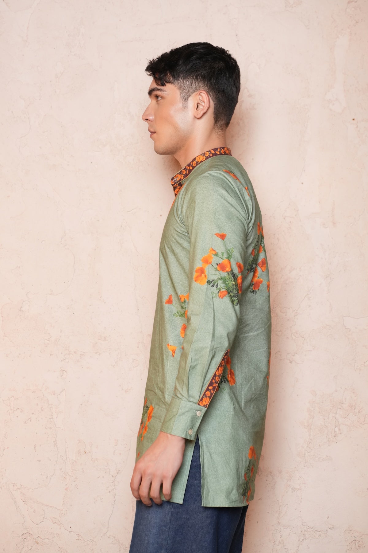 Cotton Green Floral Printed Men Short Kurta
