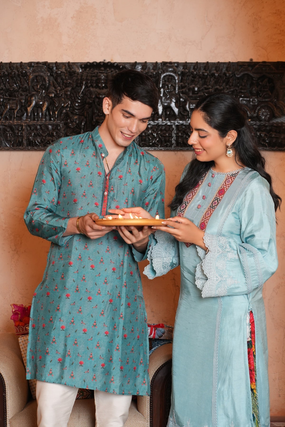 Sky Blue Dola Silk with Printed Multicolor Plazo with Dupatta
