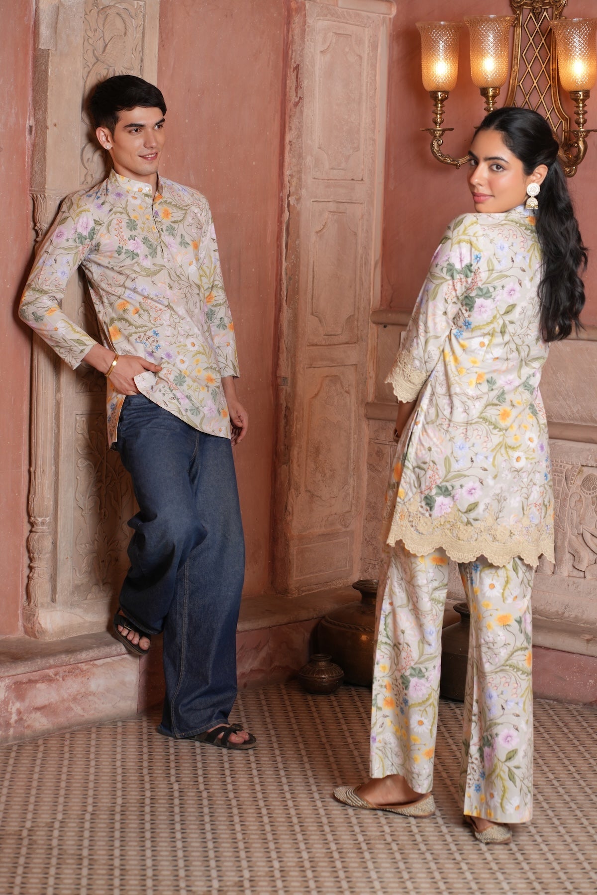 Cotton Pista Green Printed Men Short Kurta