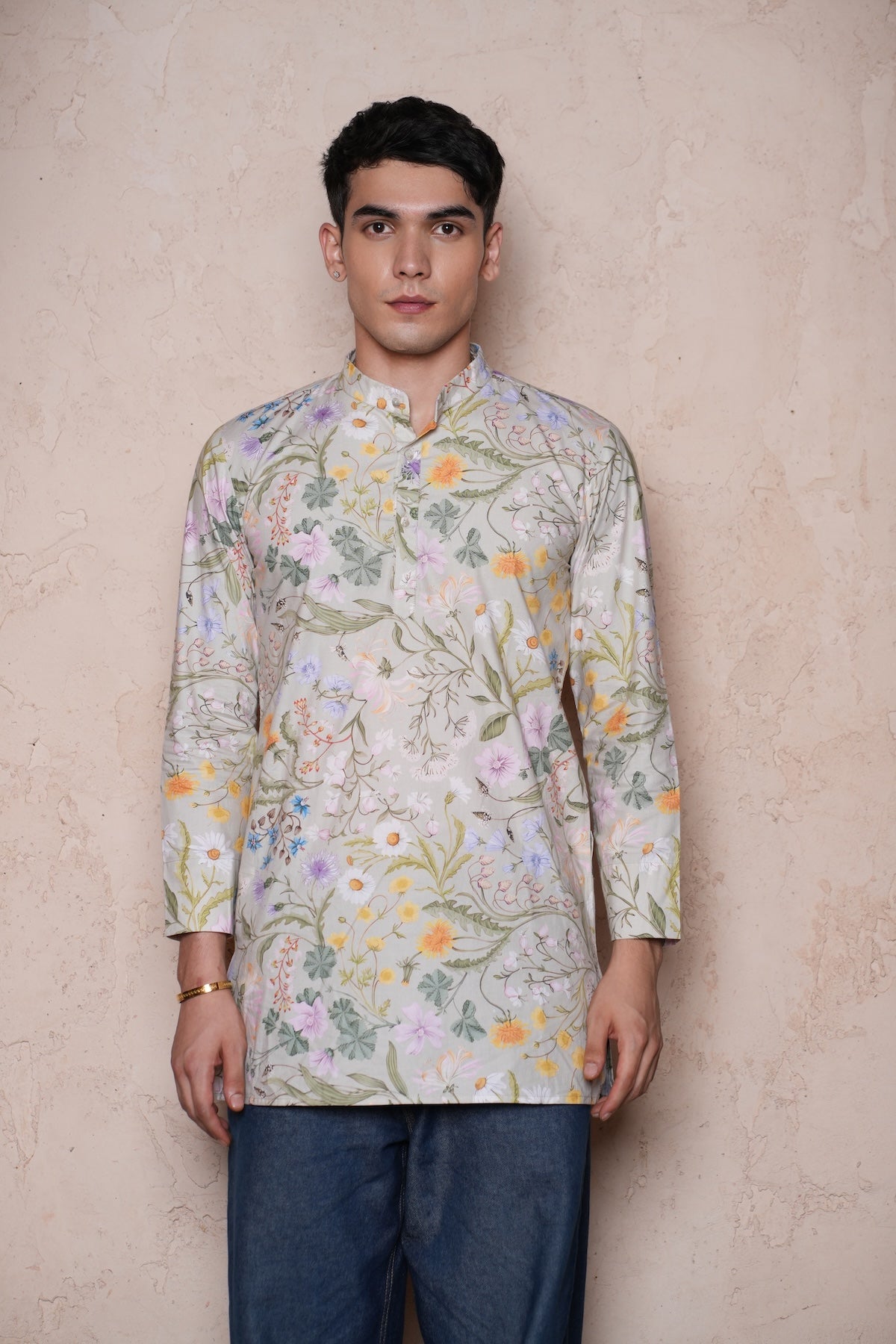 Cotton Pista Green Printed Men Short Kurta