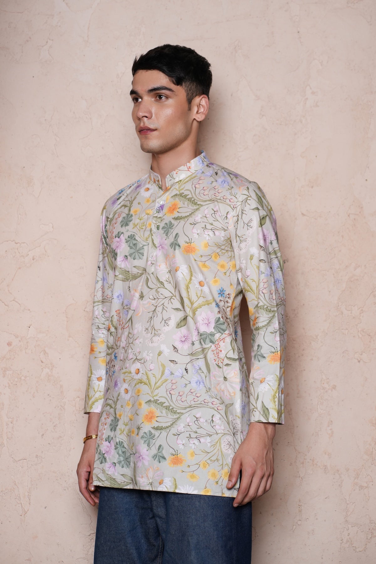 Cotton Pista Green Printed Men Short Kurta