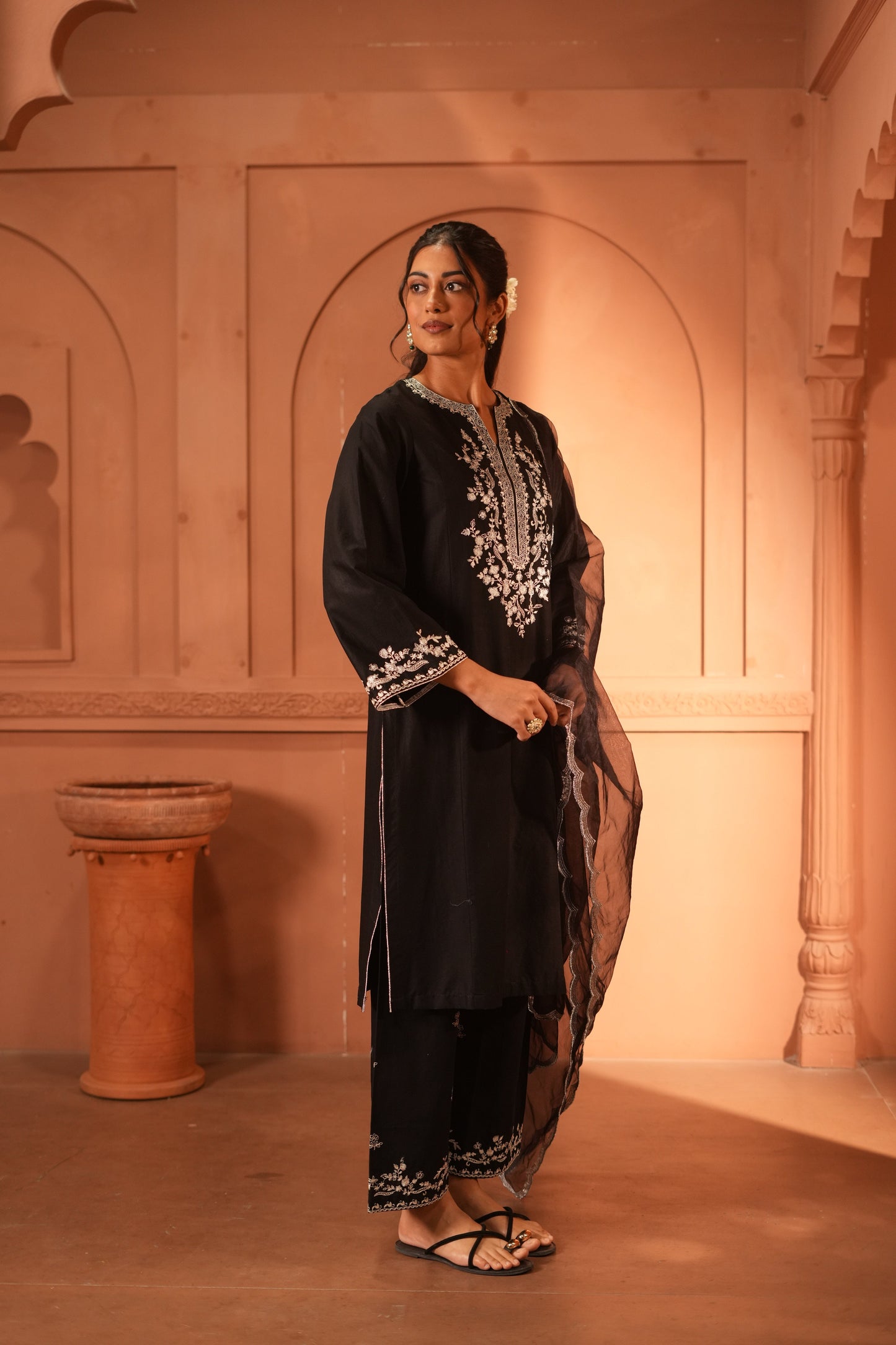 Black Lawn Embroidered  Kurta Set With Dupatta