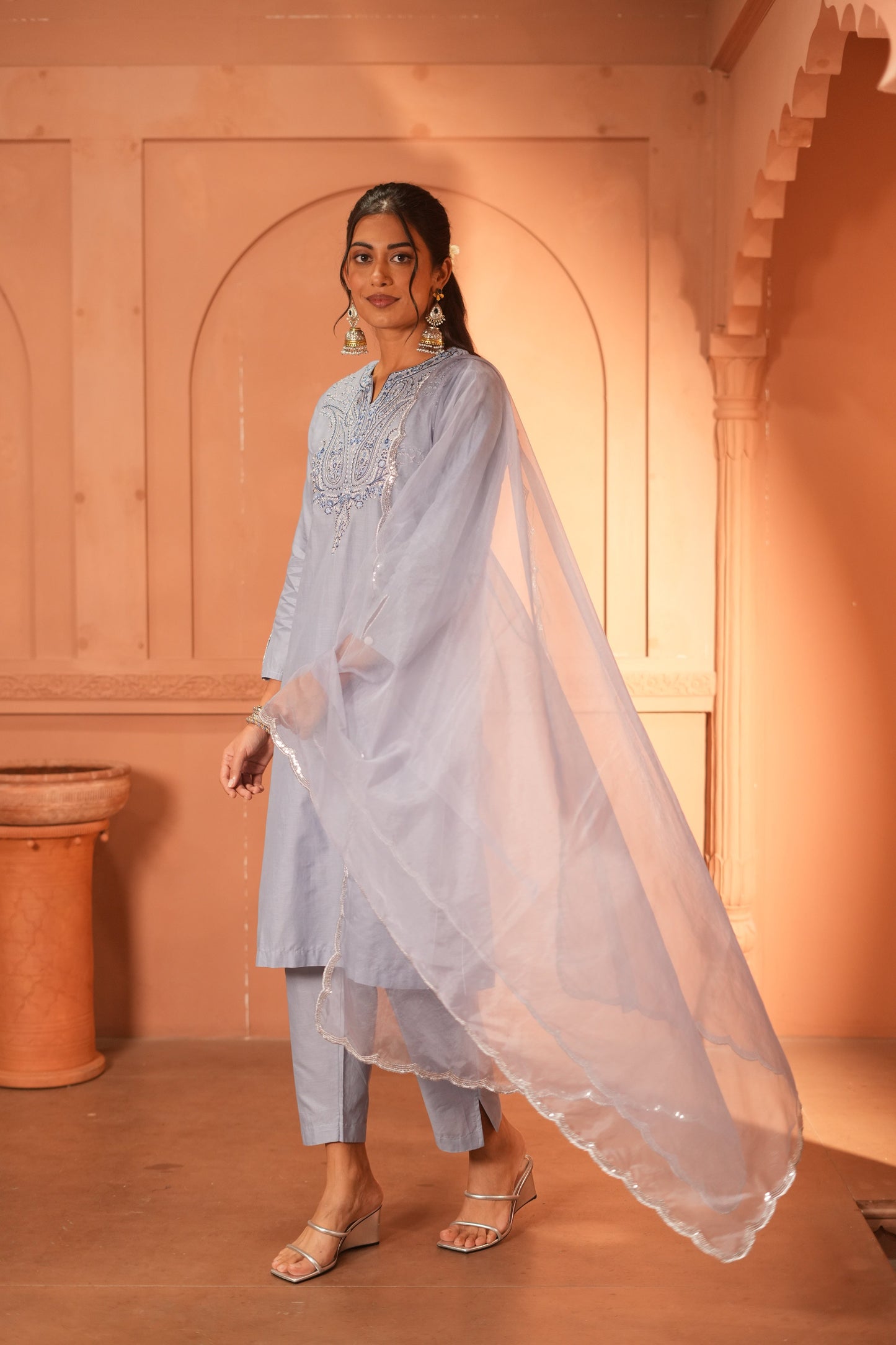 Powder Blue Lawn Embroiderd Kurta Set With Dupatta