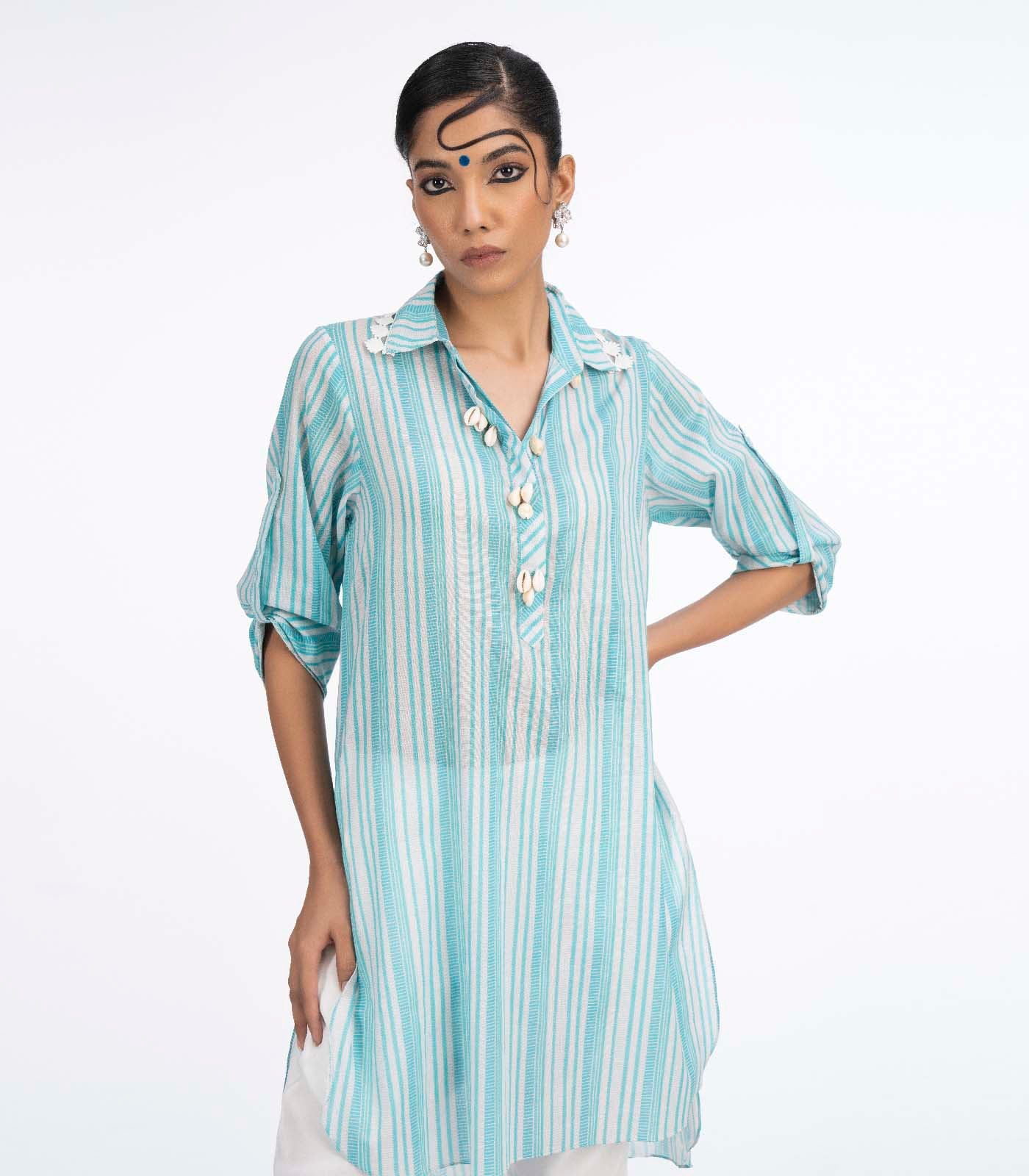 Teal Blue stripes kurta