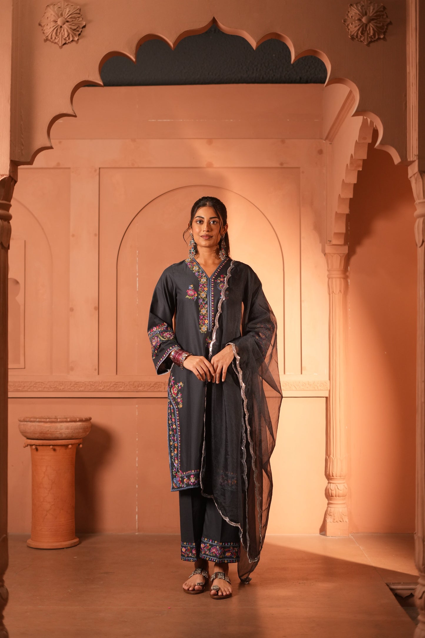 Black Plum Lawn Embroidered Kurta Set With Dupatta