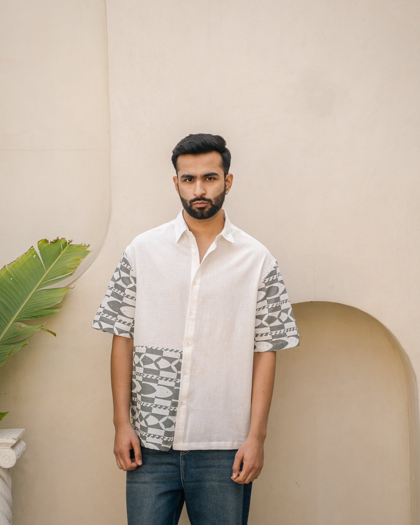 Funky Fish Side Patch Teal Blue Oversize Linen Shirt