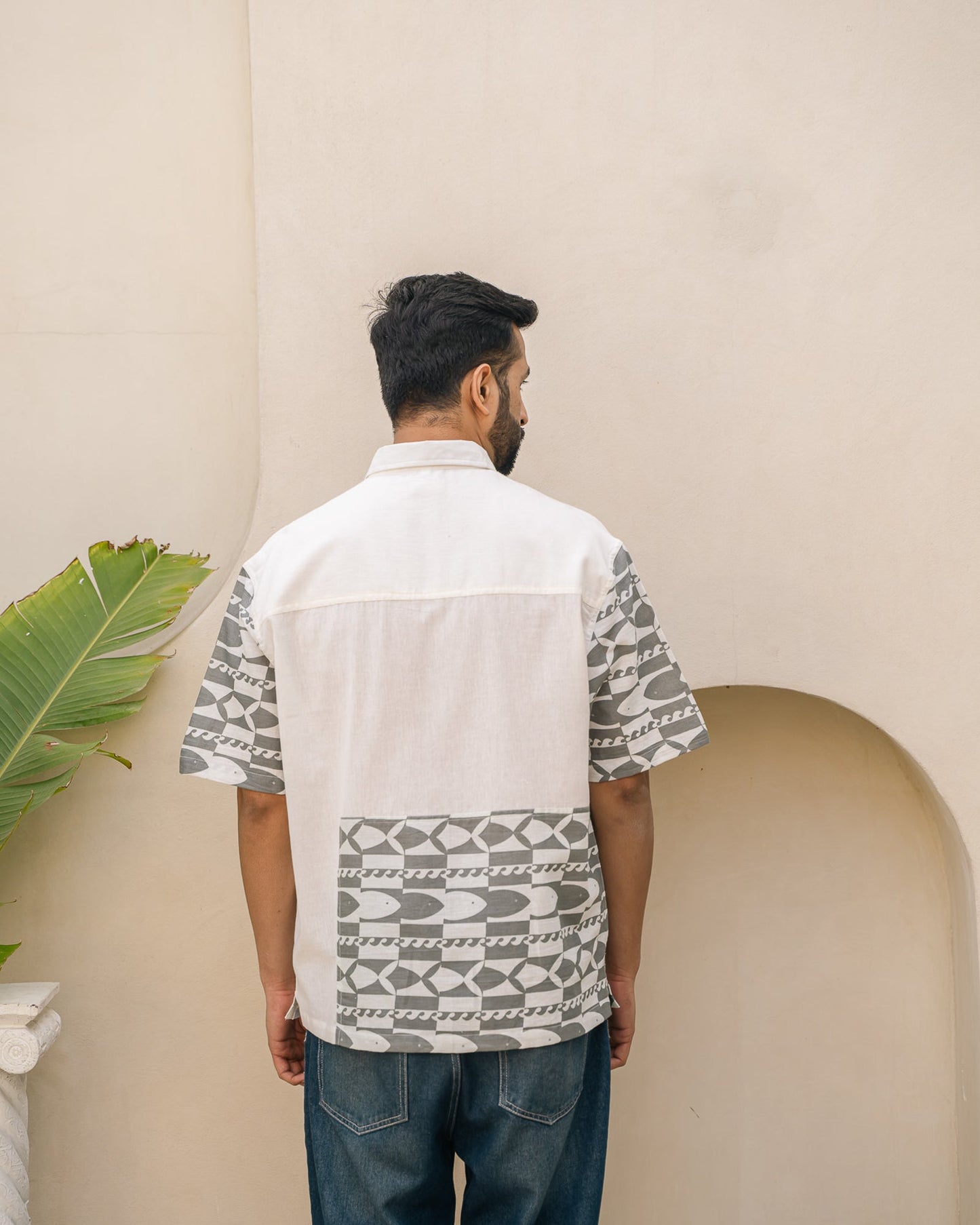 Funky Fish Side Patch Teal Blue Oversize Linen Shirt