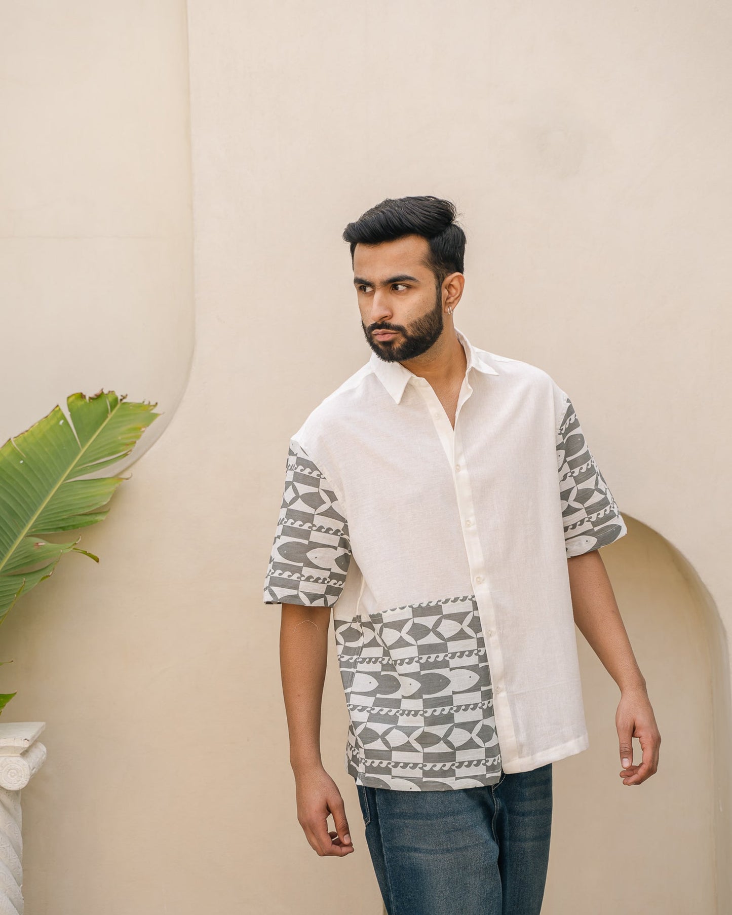 Funky Fish Side Patch Teal Blue Oversize Linen Shirt