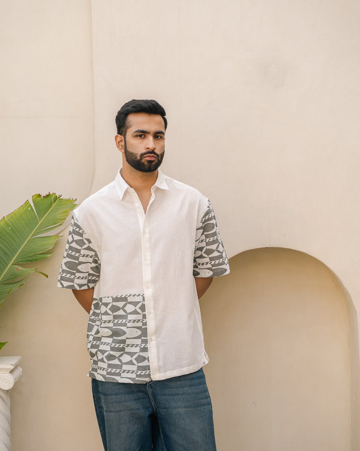 Funky Fish Side Patch Teal Blue Oversize Linen Shirt