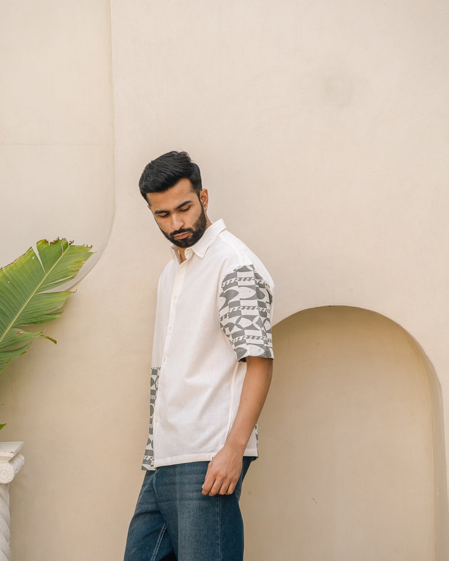 Funky Fish Side Patch Teal Blue Oversize Linen Shirt