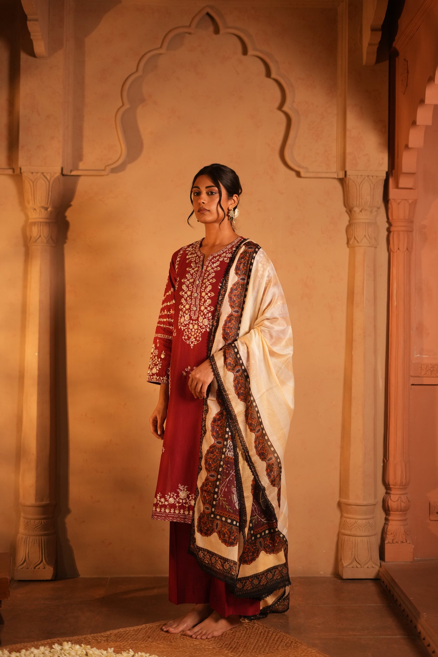 Red Lawn Embroidered Kurta Set with Dupatta