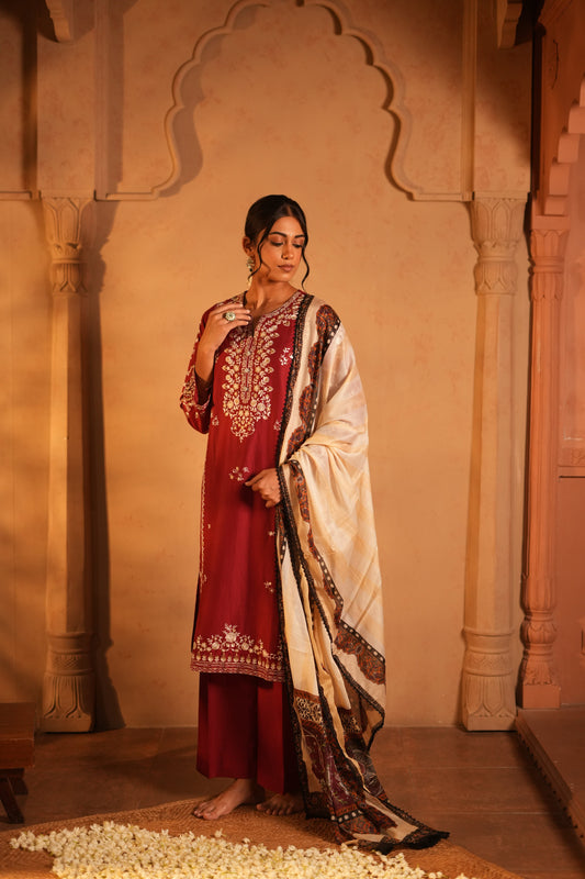 Red Lawn Embroidered Kurta Set with Dupatta
