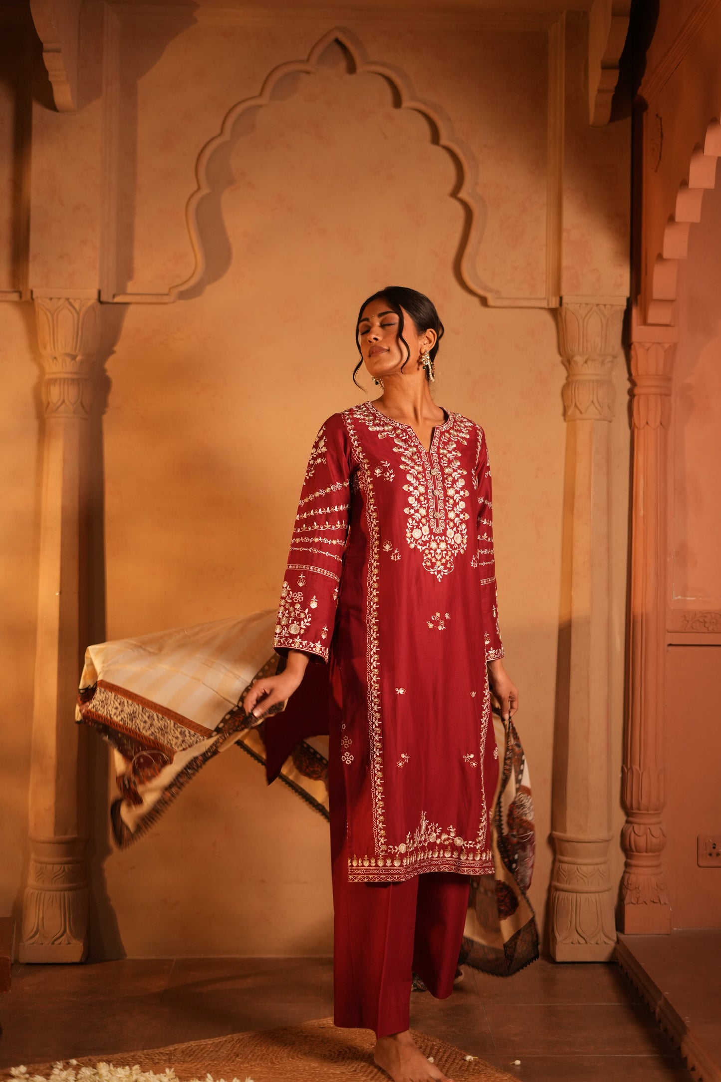 Red Lawn Embroidered Kurta Set with Dupatta