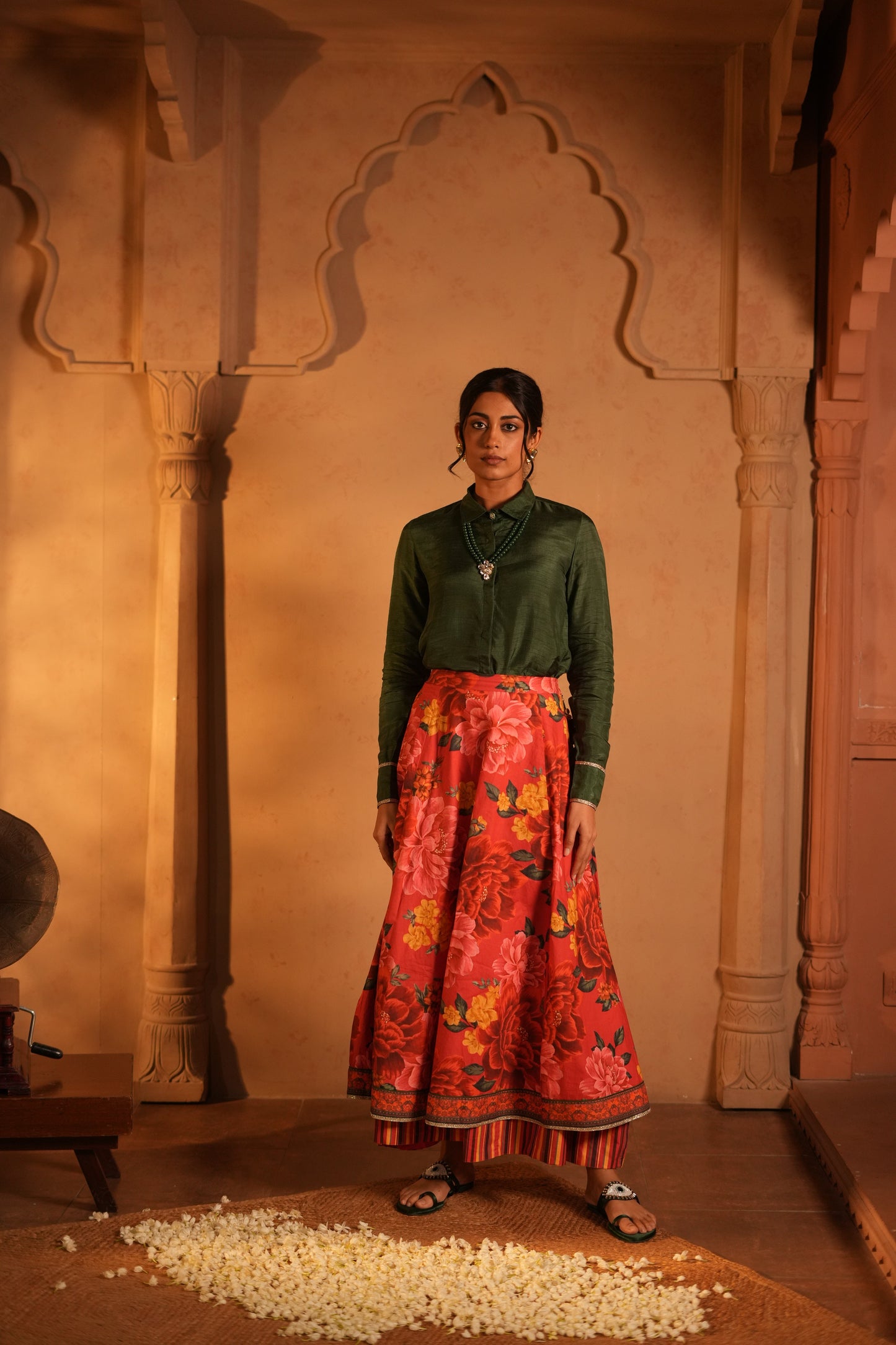 Dola Slik Shirt and Cotton Red Flower Printed Skirt