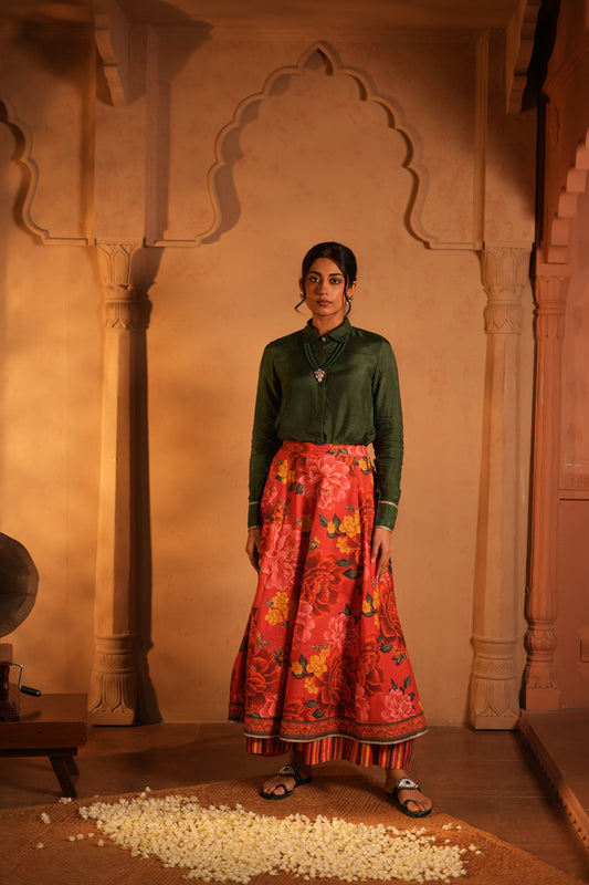 Dola Slik Shirt and Cotton Red Flower Printed Skirt