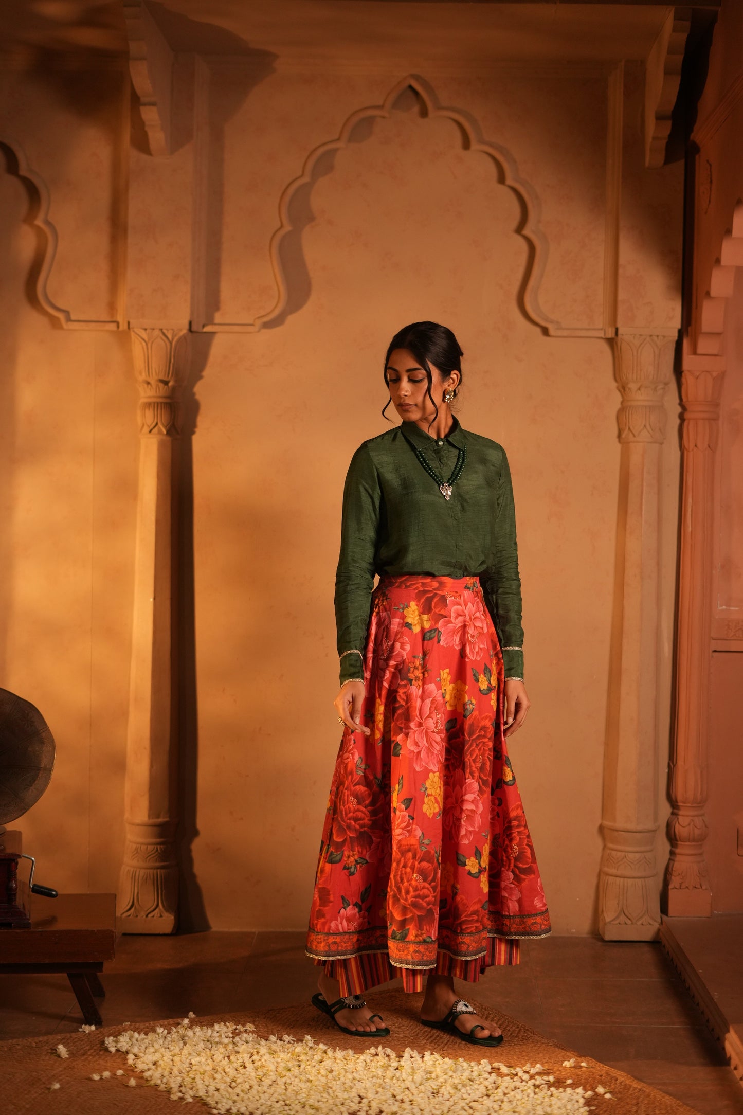 Dola Slik Shirt and Cotton Red Flower Printed Skirt