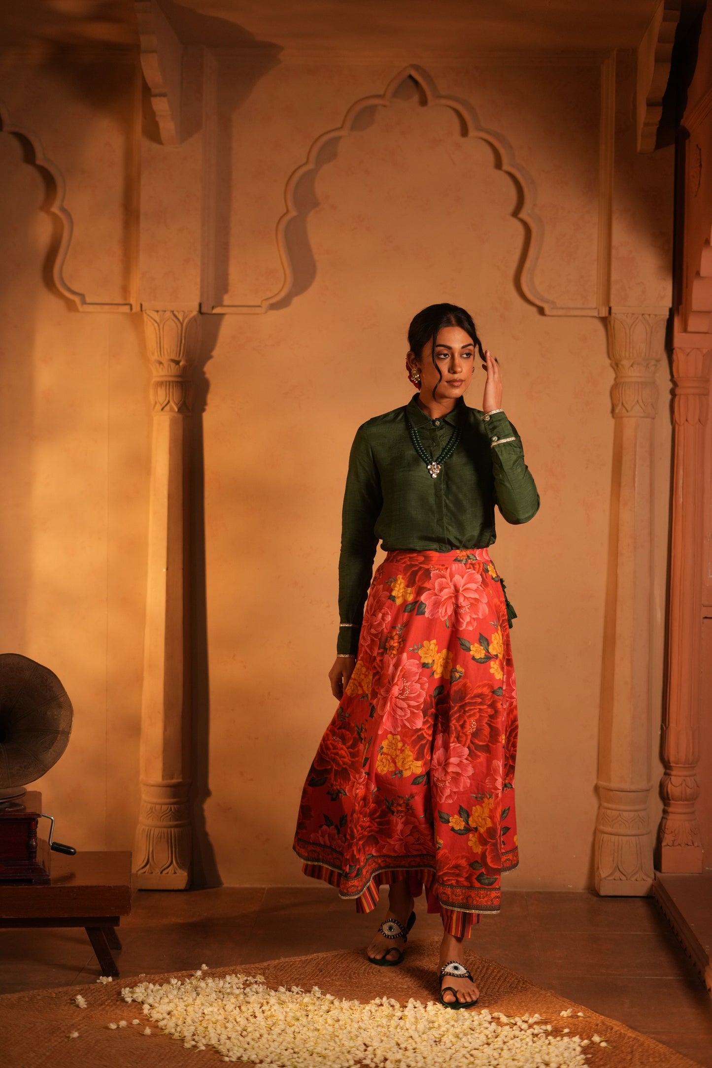 Dola Slik Shirt and Cotton Red Flower Printed Skirt