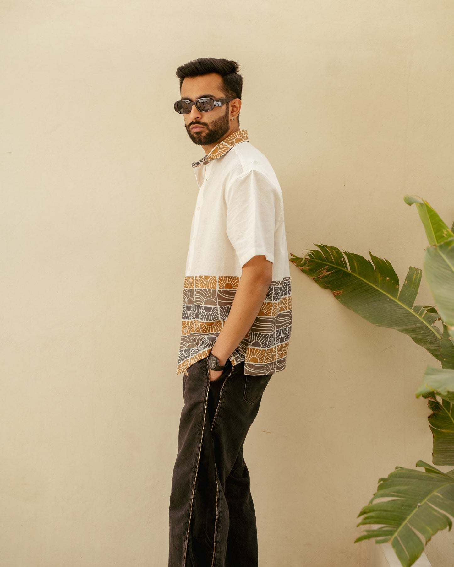 Beach Sun Beige Lower Patch Oversize Linen Shirt