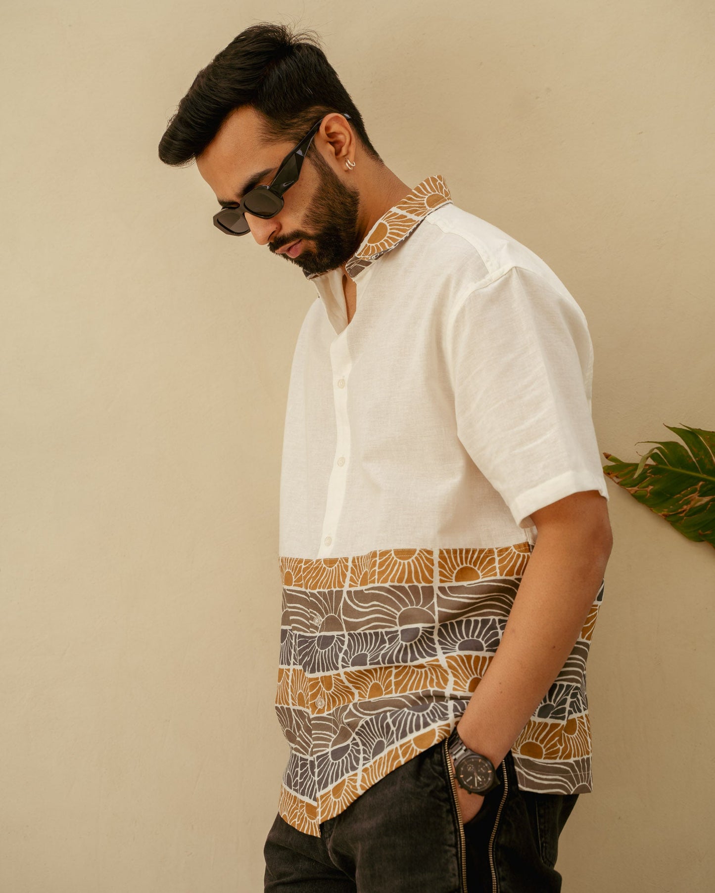 Beach Sun Beige Lower Patch Oversize Linen Shirt