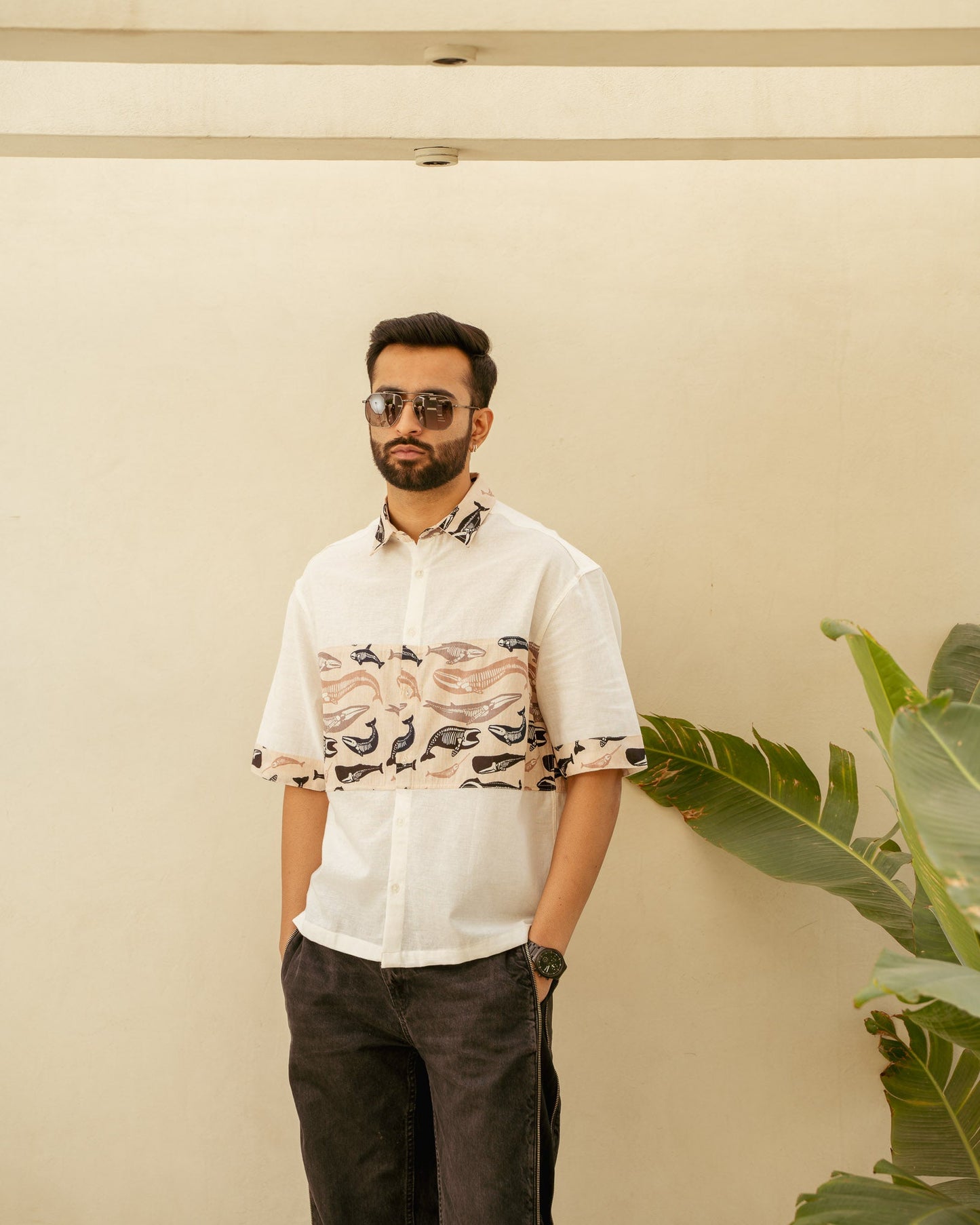 Skeleton Fish Flirt Middle Patch Oversize Linen Shirt